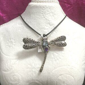 NEW Bali Sterling Silver 925 Dragonfly Brooch Pendant Blue Topaz Amethyst